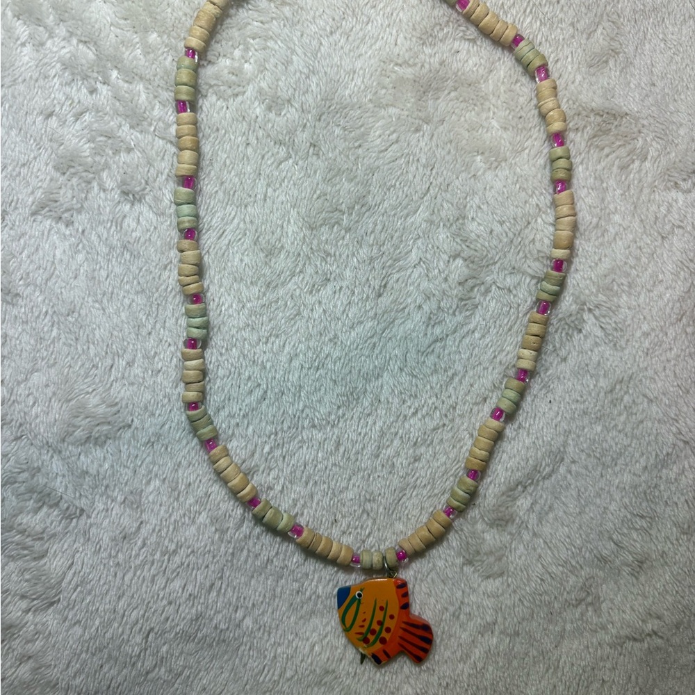 wood and plastic bead fish necklace